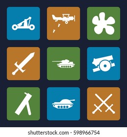 battle icons set. Set of 9 battle filled icons such as sword, catapult, cannon, tank, military plane