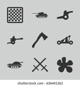 Battle icons set. set of 9 battle filled icons such as axe, catapult, cannon, tank, chess board, paintball