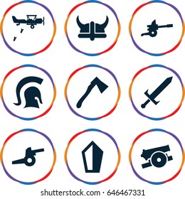 Battle icons set. set of 9 battle filled icons such as axe, knight, sword, helmet, cannon