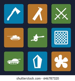 Battle icons set. set of 9 battle filled icons such as axe, cannon, tank, sword, chess board