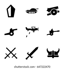 Battle icons set. set of 9 battle filled icons such as sword, helmet, cannon, tank