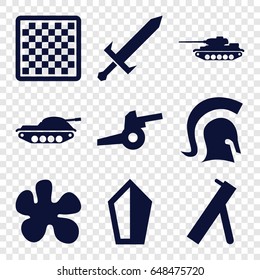 Battle icons set. set of 9 battle filled icons such as knight, sword, cannon, tank, chess board