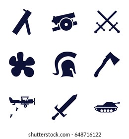 Battle icons set. set of 9 battle filled icons such as axe, knight, sword, cannon, tank, military plane
