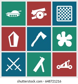 Battle icons set. set of 9 battle filled icons such as axe, catapult, cannon, tank, sword, chess board