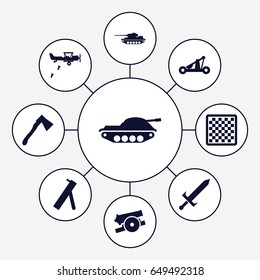Battle icons set. set of 9 battle filled icons such as axe, sword, catapult, cannon, tank, military plane