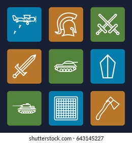 Battle icons set. set of 9 battle outline icons such as axe, knight, sword, tank, military plane