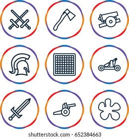 Battle icons set. set of 9 battle outline icons such as axe, knight, sword, catapult, cannon, chess board
