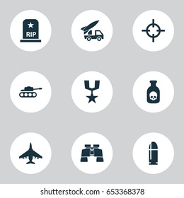 Battle Icons Set. Collection Of Aircraft, Slug, Target And Other Elements. Also Includes Symbols Such As Zoom, Tank, Mechanism.