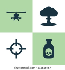 Battle Icons Set. Collection Of Atom, Chopper, Target And Other Elements. Also Includes Symbols Such As Poison, Danger, Nuclear.
