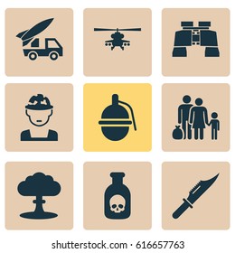 Battle Icons Set. Collection Of Atom, Cutter, Glass And Other Elements. Also Includes Symbols Such As Chopper, Soldier, Refugee.