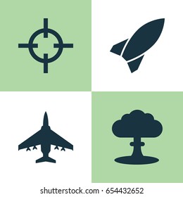 Battle Icons Set. Collection Of Atom, Aircraft, Missile And Other Elements. Also Includes Symbols Such As Missile, Nuclear, Bomb.