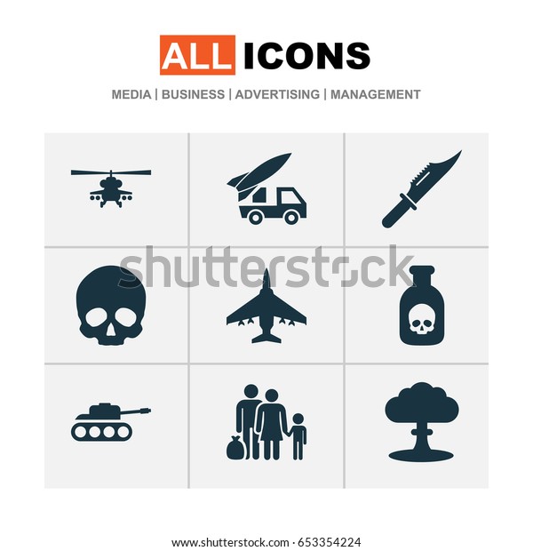 Battle Icons Set. Collection Of Atom, Panzer,
Cutter And Other Elements. Also Includes Symbols Such As Mechanism,
Knife, Head.