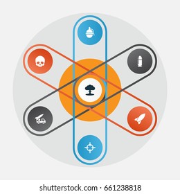 Battle Icons Set. Collection Of Bombshell, Missile And Other Elements. Also Includes Symbols Such As Bullet, Nuclear, Grenade.