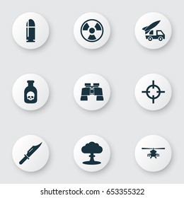 Battle Icons Set. Collection Of Chopper, Atom, Target And Other Elements. Also Includes Symbols Such As Scalper, Knife, Bio.