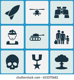 Battle Icons Set. Collection Of Chopper, Fugitive, Missile And Other Elements. Also Includes Symbols Such As Tank, Military, Fugitive.