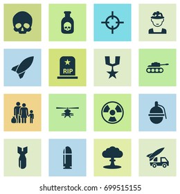 Battle Icons Set. Collection Of Chopper, Atom, Danger And Other Elements. Also Includes Symbols Such As Explosion, Fugitive, Order.