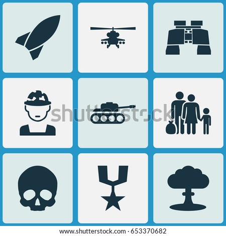 Battle Icons Set. Collection Of Chopper, Fugitive, Missile And Other Elements. Also Includes Symbols Such As Tank, Military, Fugitive.