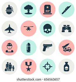 Battle Icons Set. Collection Of Cranium, Ordnance, Bombshell And Other Elements. Also Includes Symbols Such As Order, Glass, Bombshell.