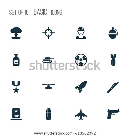 Battle Icons Set. Collection Of Cutter, Panzer, Atom And Other Elements. Also Includes Symbols Such As Oficer, Chopper, Rocket.