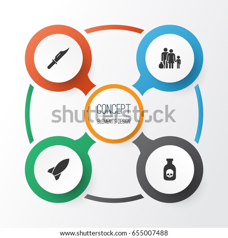 Battle Icons Set. Collection Of Fugitive, Danger, Missile And Other Elements. Also Includes Symbols Such As Rocket, Fugitive, Cutter.