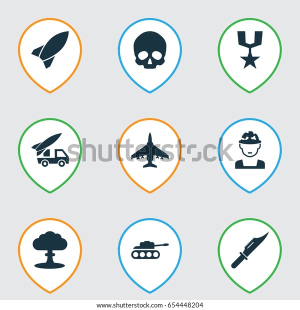 Battle Icons Set. Collection Of Military, Order,
Ordnance And Other Elements. Also Includes Symbols Such As Knife,
Missile, Tank.