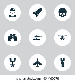 Battle Icons Set. Collection Of Missile, Order, Rocket And Other Elements. Also Includes Symbols Such As Dynamite, Skull, Medal.
