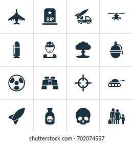 Battle Icons Set. Collection Of Missile, Panzer, Chopper And Other Elements. Also Includes Symbols Such As Refugee, People, Atom.