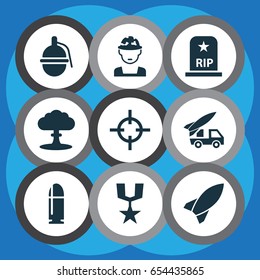 Battle Icons Set. Collection Of Order, Atom, Missile And Other Elements. Also Includes Symbols Such As Rockets, Slug, Military.