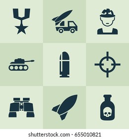 Battle Icons Set. Collection Of Order, Ordnance, Military And Other Elements. Also Includes Symbols Such As Soldier, Target, Rocket.