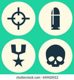Battle Icons Set. Collection Of Order, Cranium, Slug And Other Elements. Also Includes Symbols Such As Cranium, Target, Sniper.