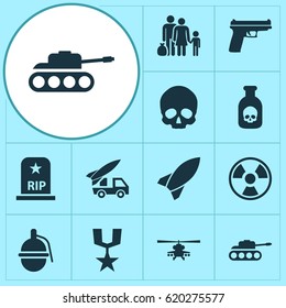 Battle Icons Set. Collection Of Rip, Danger, Missile And Other Elements. Also Includes Symbols Such As Grave, Bomb, Nuclear.
