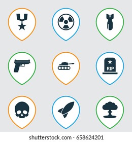 Battle Icons Set. Collection Of Rip, Rocket, Atom And Other Elements. Also Includes Symbols Such As Tomb, Rocket, Rip.