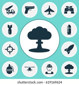 Battle Icons Set. Collection Of Rocket, Bombshell, Weapons And Other Elements. Also Includes Symbols Such As Fire, Dynamite, Explosion.