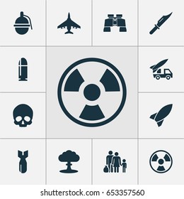 Battle Icons Set. Collection Of Rocket, Fugitive, Dangerous And Other Elements. Also Includes Symbols Such As Binoculars, Cranium, Fighter.