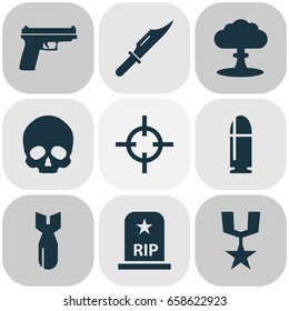 Battle Icons Set. Collection Of Rocket, Cranium, Weapons And Other Elements. Also Includes Symbols Such As Shot, Grave, Weapons.