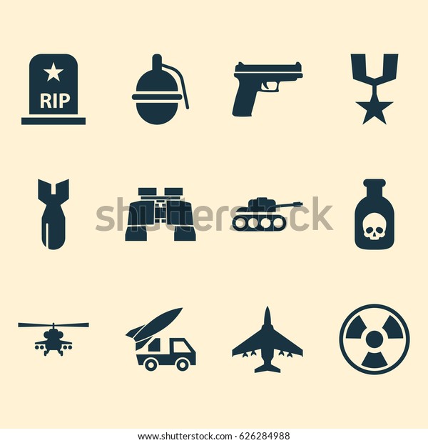 Battle Icons Set. Collection Of Rocket, Panzer,\
Bombshell And Other Elements. Also Includes Symbols Such As\
Binoculars, Tank.