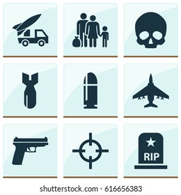 Battle Icons Set. Collection Of Target, Fugitive, Cranium And Other Elements. Also Includes Symbols Such As Gun, Skull, Bomber.