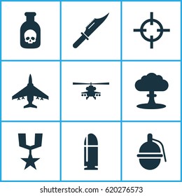 Battle Icons Set. Collection Of Target, Slug, Bombshell And Other Elements. Also Includes Symbols Such As Order, Atom, Scalper.