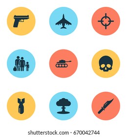 Battle Icons Set. Collection Of Target, Cutter, Atom And Other Elements. Also Includes Symbols Such As Aircraft, Fugitive, Rocket.
