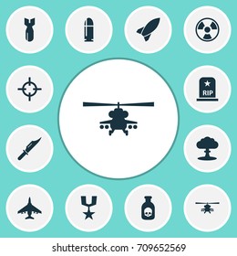 Battle Icons Set. Collection Of Target, Atom, Chopper And Other Elements. Also Includes Symbols Such As Chopper, Rip, Grave.