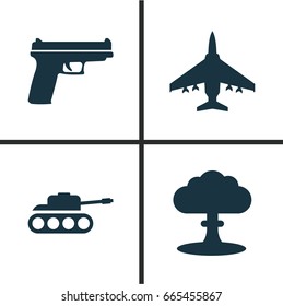 Battle Icons Set. Collection Of Weapons, Atom, Aircraft And Other Elements. Also Includes Symbols Such As Aircraft, Fire, Explosion.