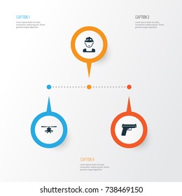 Battle Icons Set. Collection Of Weapons, Military, Chopper And Other Elements. Also Includes Symbols Such As Fire, Gun, Military.