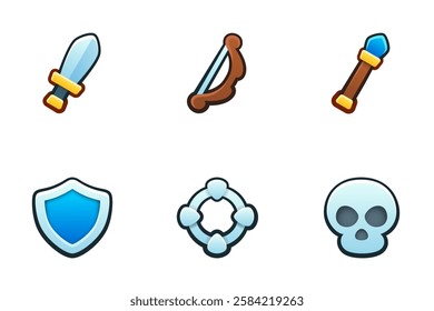 Battle icons set. Isolated vector illustration of mobile game sprites. Design for stickers, logo, mobile app. Arcade or match 3 2d graphics game asset. Flat 3d item sprites sheet.