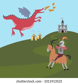 The battle of the knight with the dragon. Vector illustration.