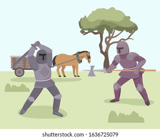 Battle of knights medieval warriors vector illustration. Knights fighting with armor, helmets, sword, halberd. Horse harnessed to cart in background. Knights chivalry historical characters.