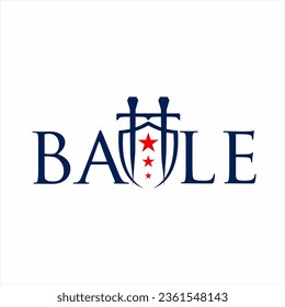 Battle logo design with sword, shield and stars.