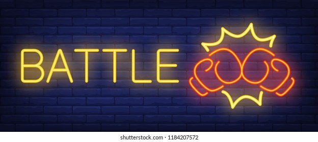 Battle neon text with boxing gloves. Boxing club and advertisement design. Night bright neon sign, colorful billboard, light banner. Vector illustration in neon style.