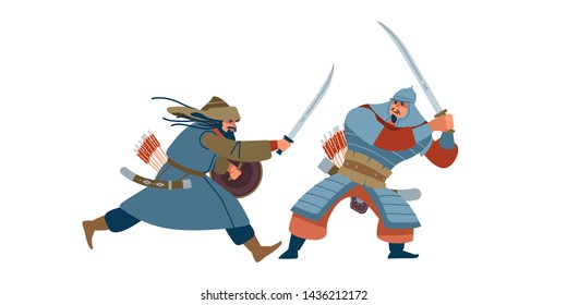 Battle of the nomads. Medieval historical battle. Vector illustration on white isolated background. Flat cartoon style.