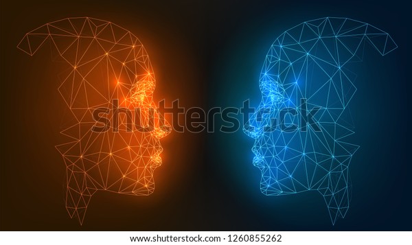 The battle of\
opposites, good and evil, fire and ice, man and woman. Two glowing\
heads: orange and blue