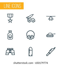 Battle Outline Icons Set. Collection Of Cranium, Shot, Zoom Glasses And Other Elements. Also Includes Symbols Such As Bones, Military, Glass.